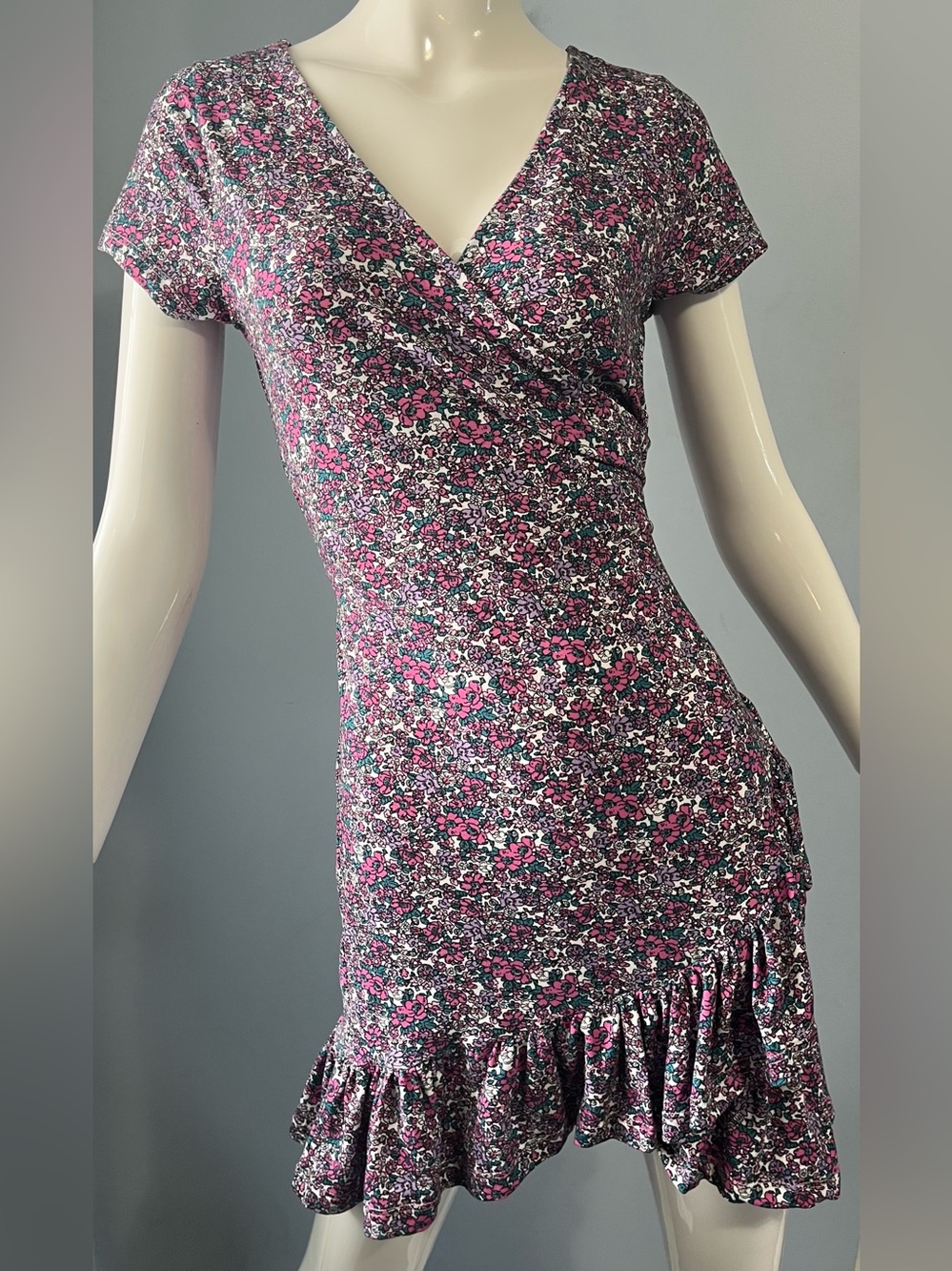 Rebel Sugar Pink & Purple Floral Faux Wrap Stretch Mini Dress Ruffle Hem Size S